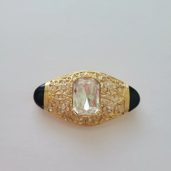 Vintage Brooch Pin Signed Tova Gold Tone Black Enamel Rhinestones Art Deco - Picture 1 of 4
